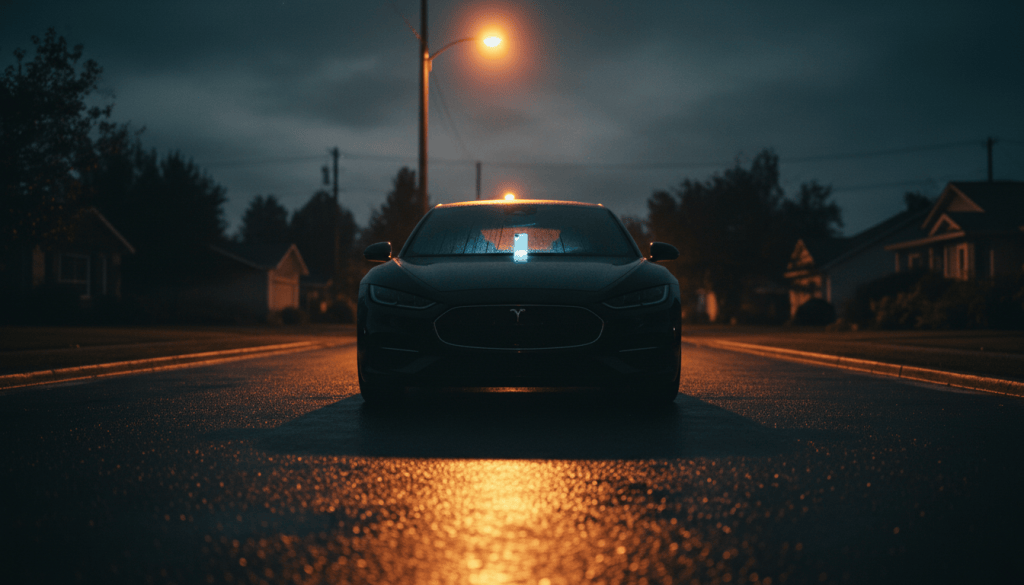 Parked car on a quiet street at night with a phone glowing on the dashboard under an amber streetlight