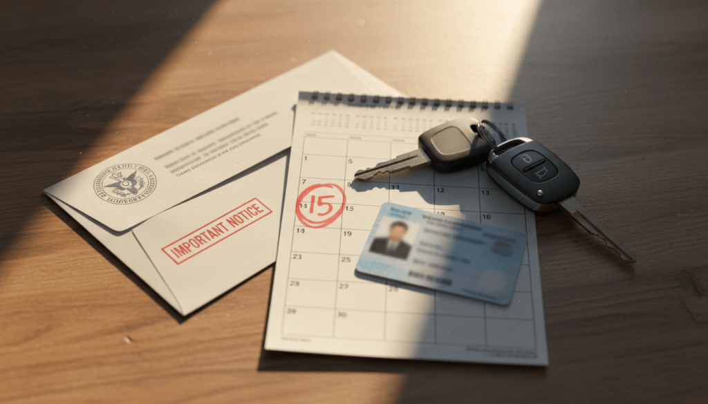 Car keys, a face-down license card, a folded notice and a calendar with a date circled on a kitchen table