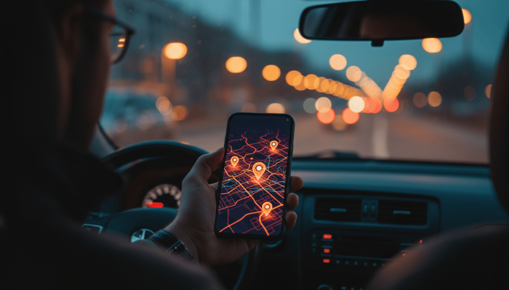 Hand holding a phone with map pins inside a car at dusk with city lights through the windshield